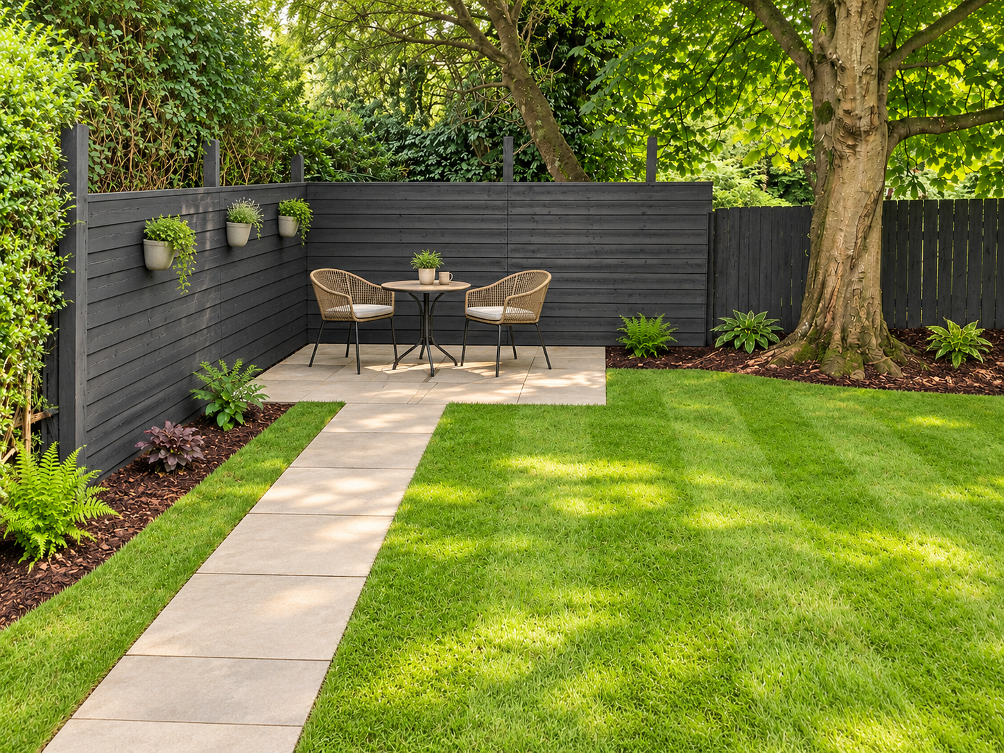 Garden with a paved patio, lawn and anthracite fence
