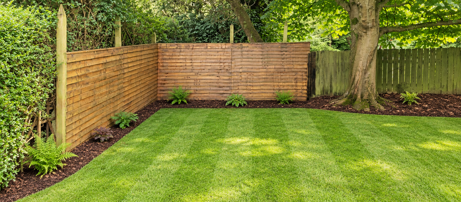 Well-kept lawn with neat, tidy flower borders