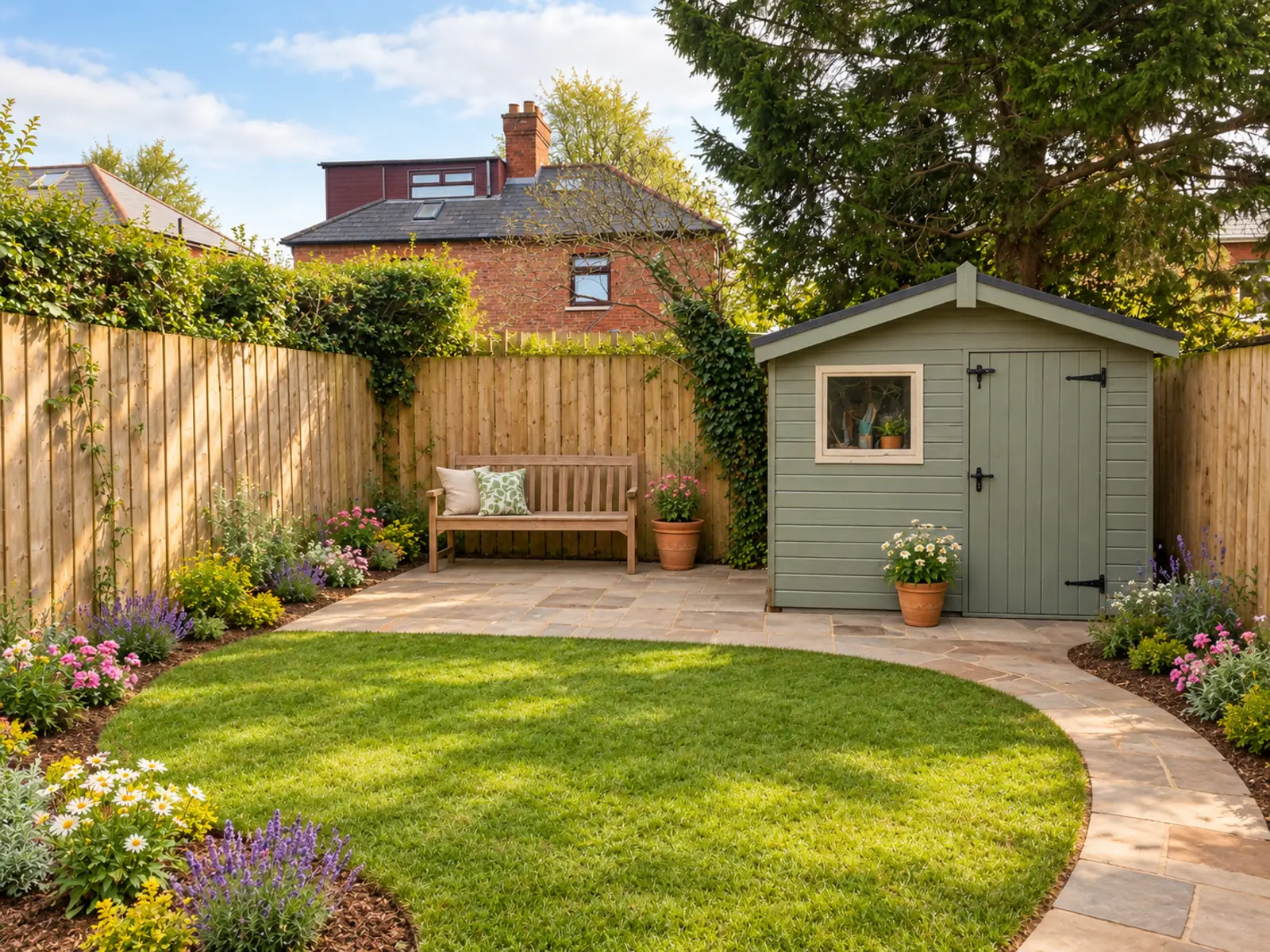 Cottage garden concept with colourful flowers, soft borders and a gravel path