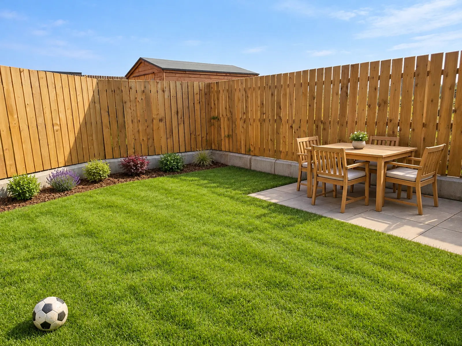 Family garden concept with an open lawn and outdoor dining area